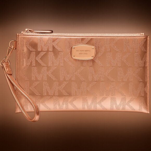 Michael Kors Metallic MK Logo Wristlet Rose Gold/Warm Bronze - Picture 1 of 8